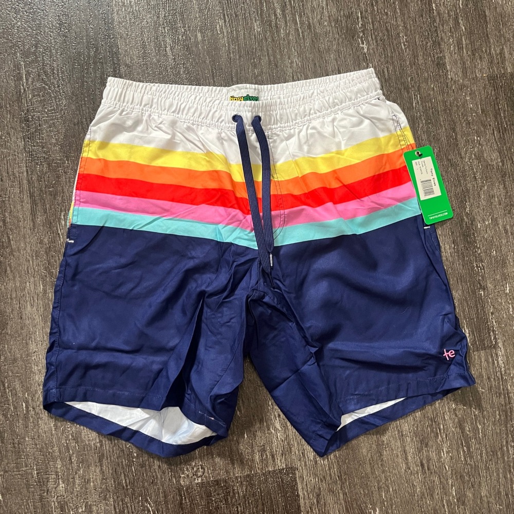 Tipsy Elves Men Rainbow Stripe Swim Trunks Shorts Navy Blue Pockets L